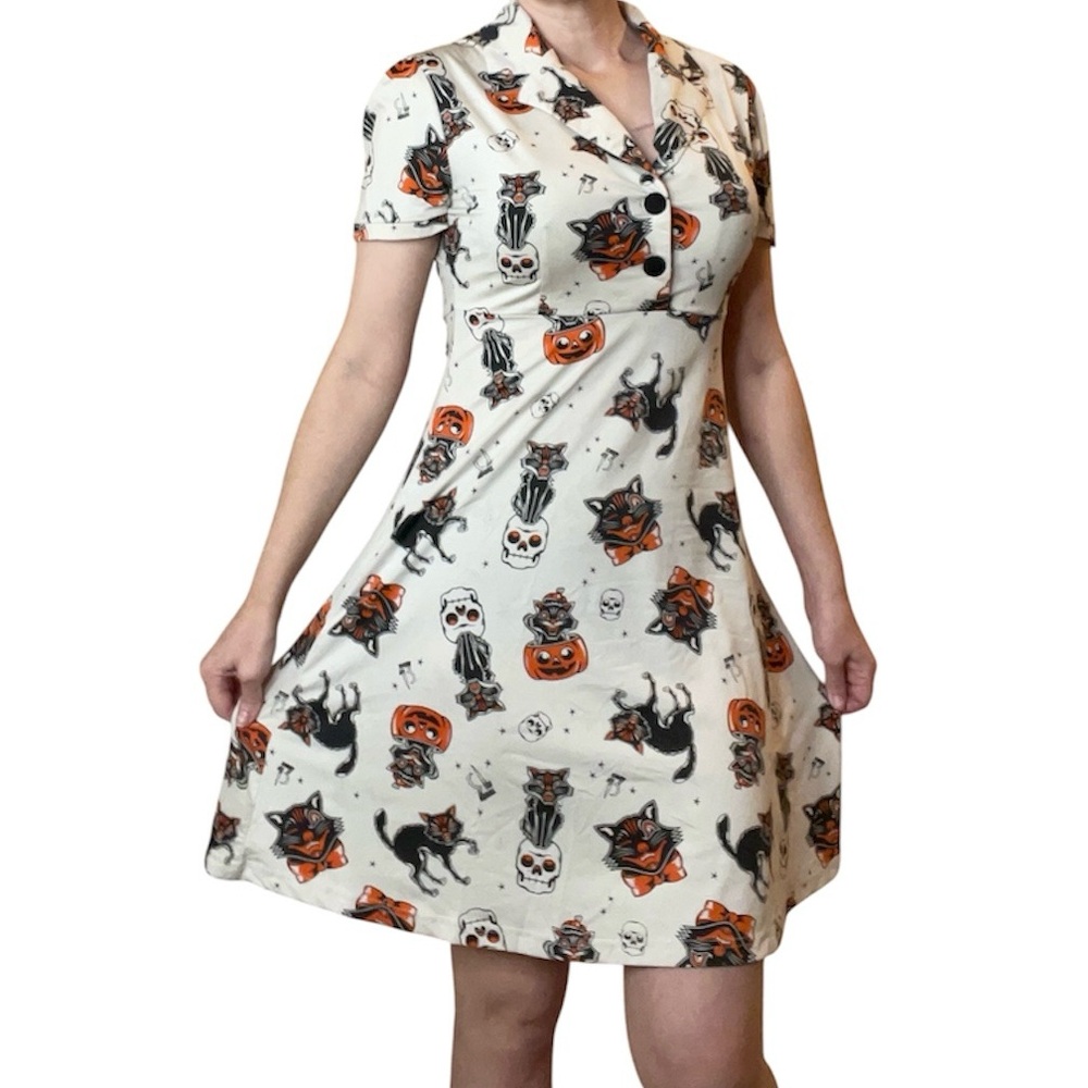 Sourpuss Black Cat Rosie Dress Cream Button Dress Goth Halloween Rockabilly Med - Picture 3 of 14